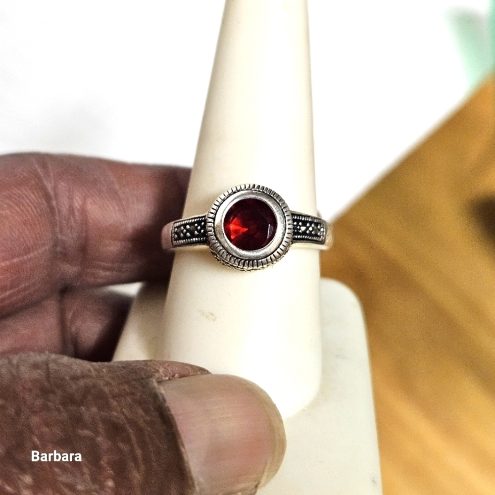 Red Crystal on Silver-tone Solitaire Ring, Size 8.75